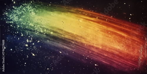 A close-up of the rainbow, an explosion in space, a grainy black-and-white photograph with yellowing edges, grainy film texture, a rainbow.