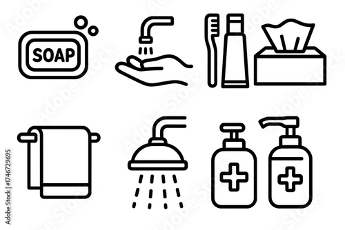 Hygiene Essentials Icons. Personal Hygiene outline set. soap bar, handwashing faucet, toothbrush, toothpaste, tissue box, towel, shower head, sanitizer pump.