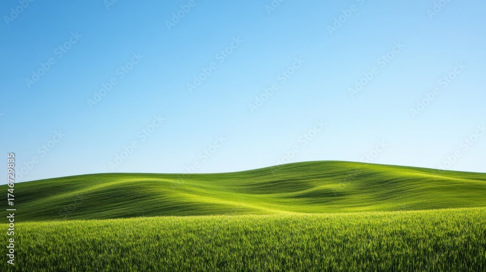 Obraz premium Lush green hills stretch under a clear blue sky during a sunny day, inviting tranquility and relaxation in nature's embrace