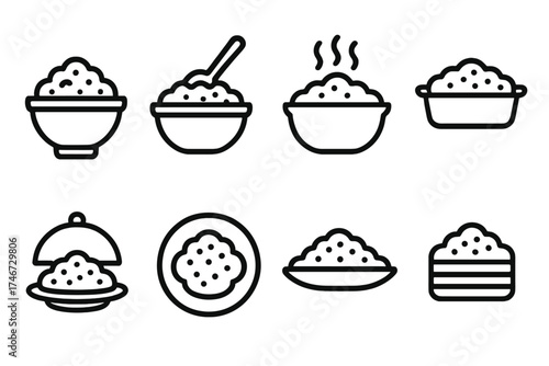 Stuffing Bowl Icons. Cooking outline icons. mixing bowl stuffing, spoon in stuffing bowl, steaming stuffing bowl, baked stuffing bowl, casserole stuffing bowl, served stuffing bowl