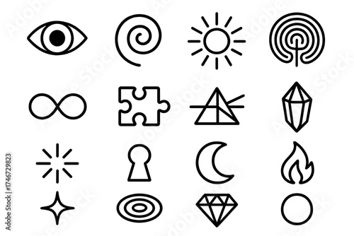 Symbolic Curiosity Icons. Symbolic Curiosity outline set. open eye, spiral, glowing aura, labyrinth, infinity loop, puzzle piece, prism, crystal, radiant spark, keyhole, moon