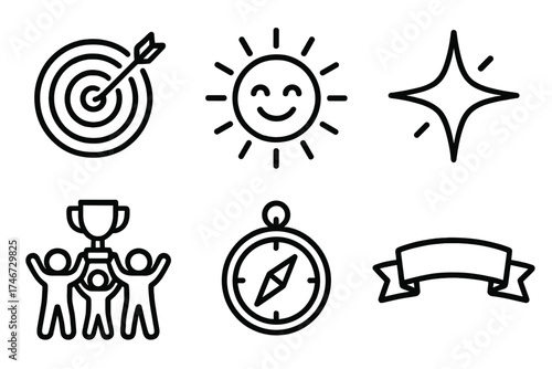 Motivational Icons Collection. Motivation outline set. goal dartboard, smiling sun, spark, group lifting trophy, compass, motivational banner.