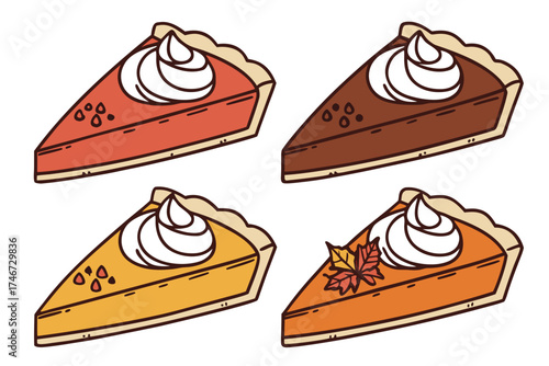 set of Pumpkin pie slice with whipped cream, holiday dessert, silhouette vector illustration