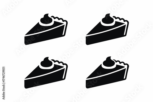 set of Pumpkin pie slice with whipped cream icon, holiday dessert, silhouette vector illustration