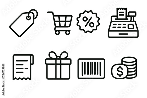Shopping Icon Set. Sale outline set. price tag, shopping cart, discount badge, cash register, receipt, gift box, barcode, coin stack.