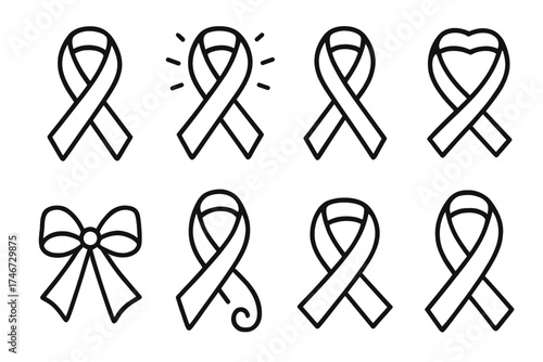 Ribbon Icon Designs. Ribbon symbol outline set. awareness ribbon, looped strand, glowing ribbon, folded shape, tied bow, decorative curl, flat ribbon, heart-shaped loop.