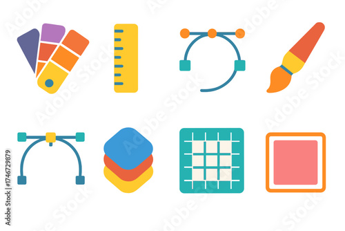 Minimalist Design Tools. Design refinement flat icon set. color palette, ruler, vector points, paintbrush, curved line tool, layered shapes, alignment grid, shape outline.