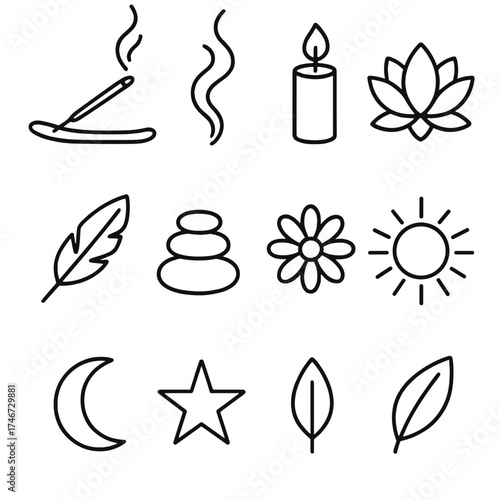 Incense and Elements Icons. Incense stick outline set. incense holder, burning stick, smoke swirl, candle, lotus, feather, pebble stack, flower, sun, moon, star, leaf.