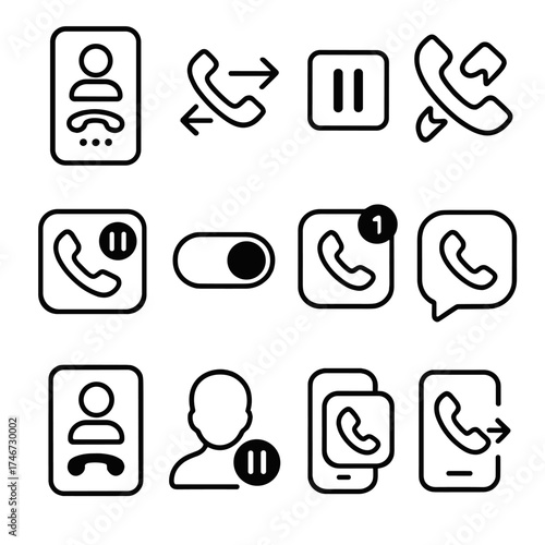 Call Waiting Icons. Call Waiting UI outline set. smartphone with call waiting screen, call swap button, hold and resume icons, call merge symbol, phone app with waiting icon
