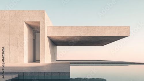 Modern architectural structure with a cantilevered roof overlooking a still pool at sunset