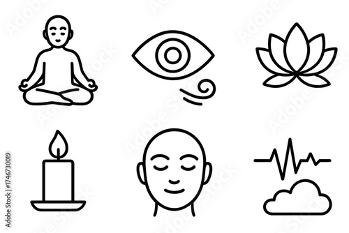 Meditative Symbol Ensemble. Mindful Awareness outline set. meditating figure, open eye, breathing swirl, lotus flower, candle flame, calm face, heartbeat line, soft cloud.