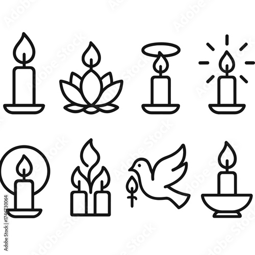 Spiritual Candle Icons. Spiritual candles outline set. eternal flame, lotus candle, halo candle, aura glow candle, harmony circle candle, sacred flame, dove with candle, guiding