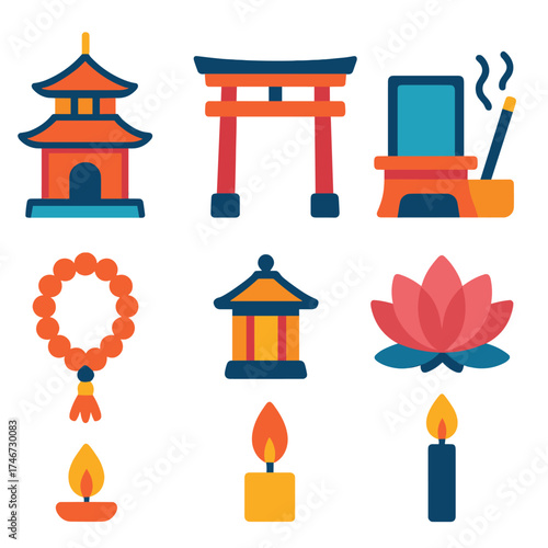 Minimalist Temple Icons. Temple flat icon set. pagoda, shrine gate, altar, incense stick, prayer beads, lantern, lotus flower, candle flame.