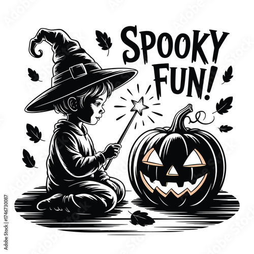 Child in witch hat conjures magic on halloween pumpkin with spooky fun text