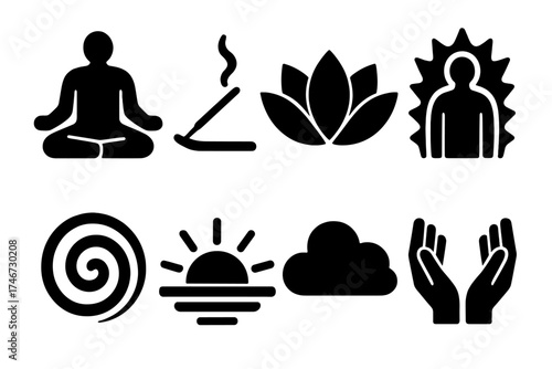 Mindful Detox Icons. Mind & Spirit Detox silhouette set. meditating figure, incense stick, lotus flower, aura glow, spiral energy, sunrise horizon, soft cloud, open hands.