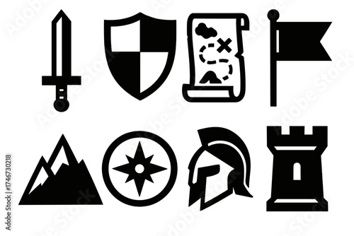 Epic Quest Icons. Epic Quests silhouette set. sword, shield crest, treasure map, banner flag, mountain peak, compass, castle tower, hero’s helmet.