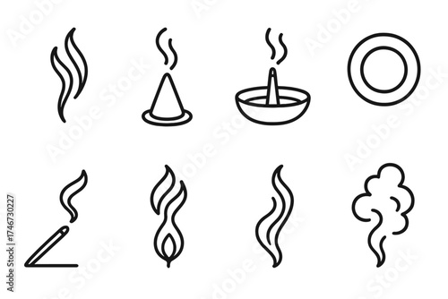 Incense Aroma Icons. Fragrant air outline set. incense plume, cone burning, incense in bowl, smoke rings, delicate trail, glowing incense, rising aura, drift of smoke.