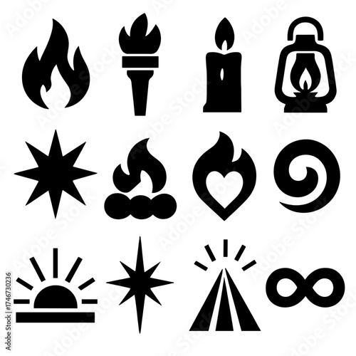 Brutalist Fire Icons. Symbolic campfire silhouette set. flame, torch, candle, lantern, starburst, glowing coal, heart fire, abstract swirl, sunrise, spark, light ray, infinity loop