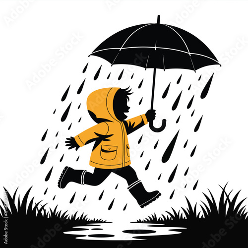 Child in yellow raincoat running with umbrella in the rain