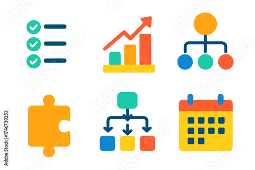 Modern Organizational Icons. Organizational flow flat icon set. checklist, chart, hierarchy, puzzle piece, flow arrows, calendar.