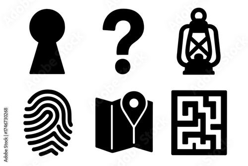 Mystery Icon Set. Mystery context clue silhouette set. keyhole, question mark, lantern, fingerprint, map, maze.