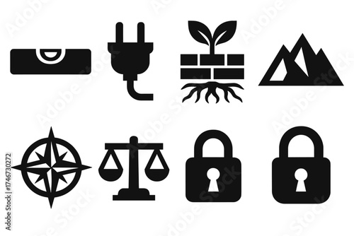 Brutalist Stability Icons. Stability silhouette set. level tool, grounded plug, brick foundation, rooted plant, mountain ridge, compass rose, balance symbol, lock.