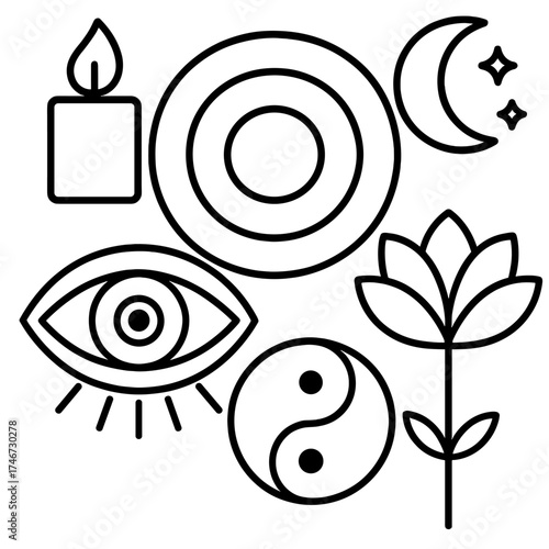 Peaceful Symbolic Harmony. Tranquil mind outline set. peaceful eye, expanding circle, candle flame, harmony symbol, blooming flower, moonlit sky