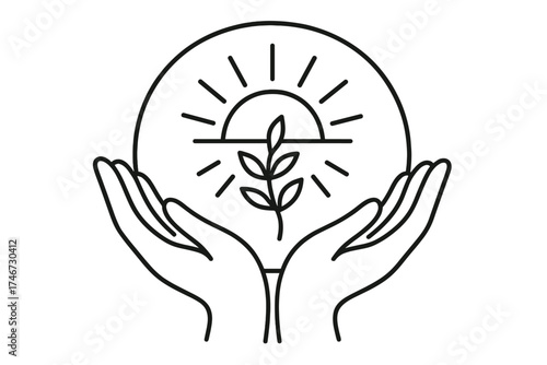 Harmony in Hands. Support hand outline set. cupped hands, rising sun, leaf sprig, guiding light, supportive hug, harmony circle