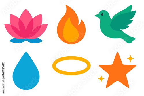 Symbolic Rebirth Icons. Spiritual rebirth flat icon set. lotus, flame, dove, water droplet, halo, star.