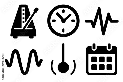 Bold Rhythm Icons. Stable rhythm silhouette set. metronome, clock, heartbeat line, pendulum, wave, calendar.