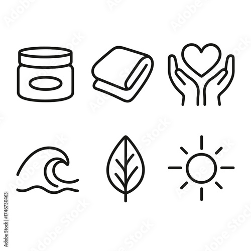 Self Care Symbols. Self care outline set. skincare jar, soft towel, heart in hands, calm wave, herbal leaf, shining aura