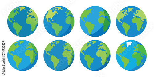Collection of eight stylized flat illustrations of planet earth showing different continents and perspectives