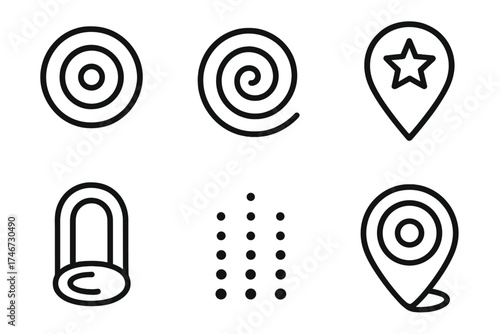 Abstract Icon Arrangement. Abstract locator outline set. concentric circles, spiral, arrow, star, portal, gradient dot.