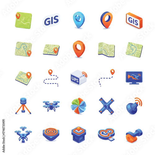 Collection of geospatial technology and navigation icons, representing GIS, GPS, and location services