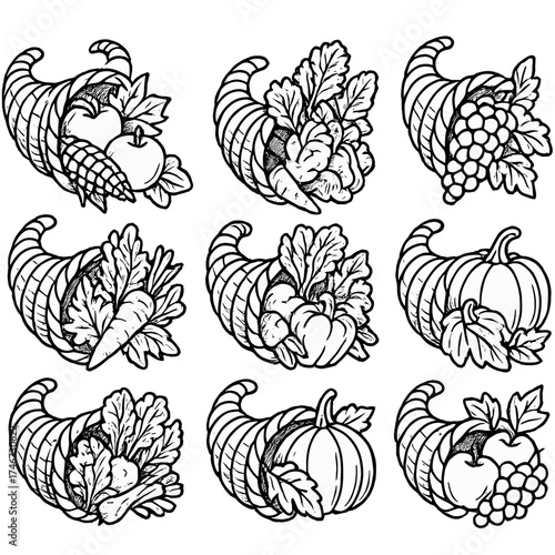 Bountiful Cornucopia Illustration. Cornucopia horn outline set. woven horn, spilling fruits, grapes cluster, apples inside horn, vegetables overflowing, leafy greens, autumn leaves