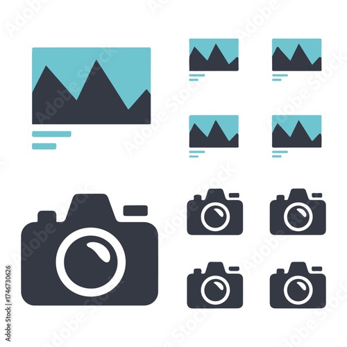 Camera and gallery icon set, vector silhouettes for photography and digital image interface