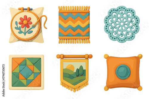 3D Textile Icons. Textile arts icons in 3D color style. embroidered fabric, woven rug, lace pattern, quilt square, tapestry, decorative cushion.