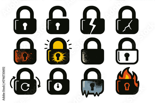 Diverse Padlock States. Padlock States silhouette set. locked padlock, unlocked padlock, broken padlock, cracked padlock, rusty padlock, glowing padlock, hidden padlock