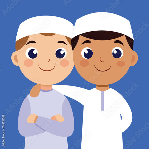 Two young muslim boys wearing traditional islamic clothing and kufi hats standing together with arms around each other in a friendly embrace
