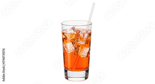 Принти на полотні Isolated refreshing orange drink with ice cubes and a straw in a glass against n