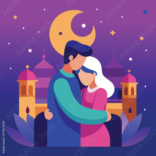 A loving couple embracing under a crescent moon and starry night sky with ornate islamic architecture in the background symbolizing romance and togetherness