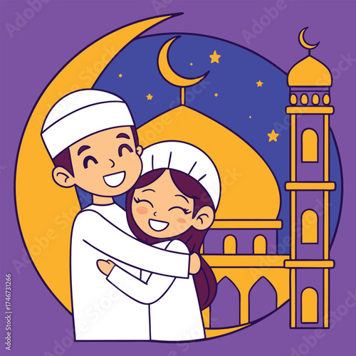 Joyful muslim couple embracing warmly in front of a mosque under a crescent moon and starry night sky celebrating islamic traditions and cultural heritage