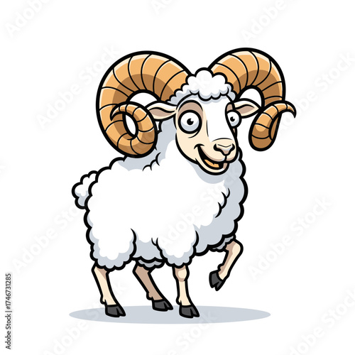 Playful cartoon sheep with curly horns jumping happily  