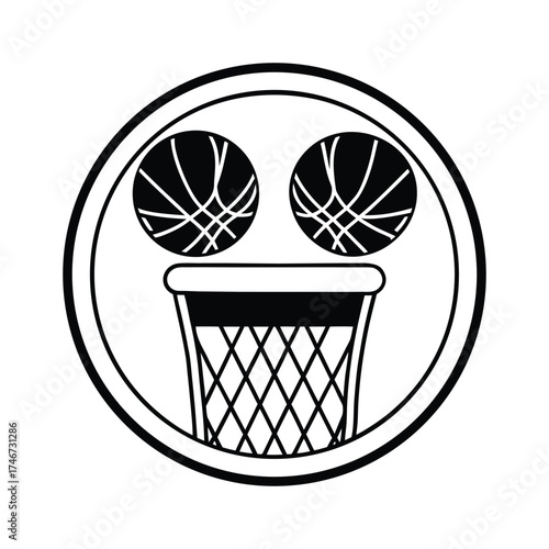 Fun basketball icon with two balls and hoop in circle design