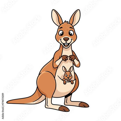 Cartoon kangaroo smiling while holding a baby kangaroo in its pouch  