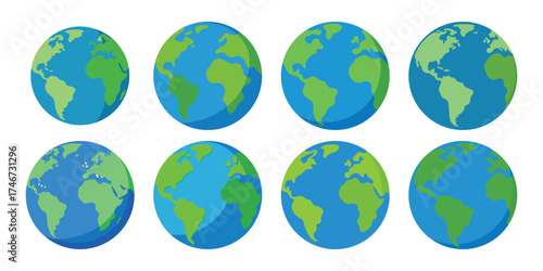 Collection of eight oval shaped cartoon earth globes showing different continents and oceans
