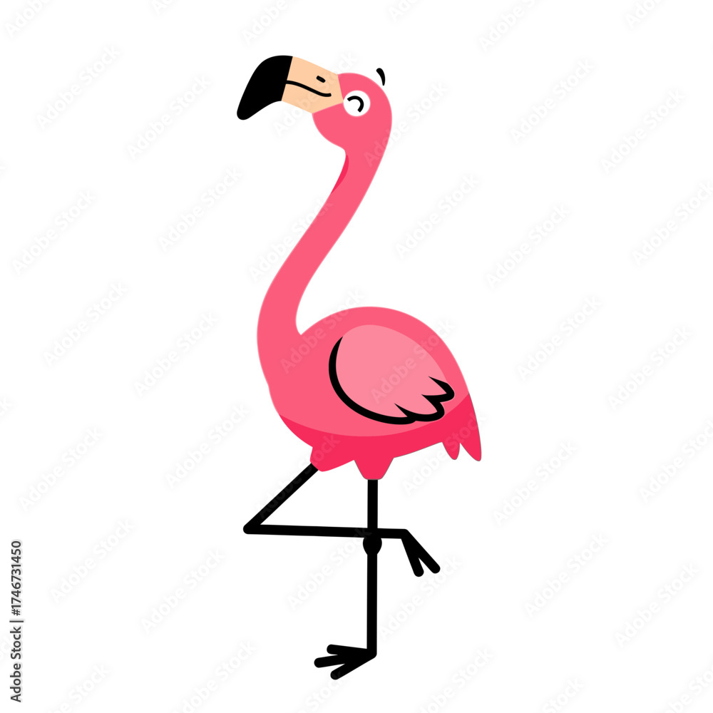 Fototapeta premium Cartoon pink flamingo standing on one leg with playful expression 