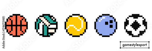 Pixel sport ball icon set. Orange basketball, volleyball, bright yellow tennis equipment, bowling ball, white football. Retro 8 bit gaming style professional athletic tools vector elements on white bg