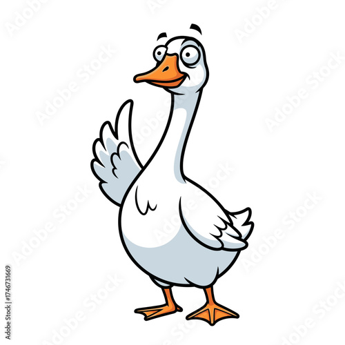 Cartoon goose waving cheerfully with a friendly expression  