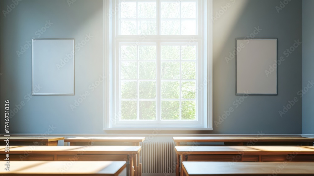 Fototapeta premium Bright classroom interior with wooden desks and large window during morning light